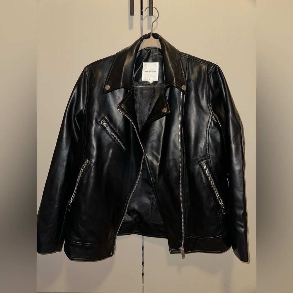 Avec Les Filles faux leather black moto jacket with silver hardware size Medium